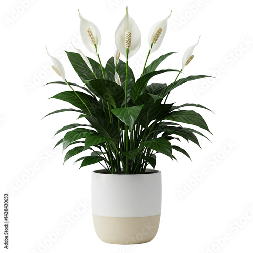 A lush peace lily plant (Spathiphyllum) in a modern ceramic pot, featuring dark green glossy leaves and elegant white blooms