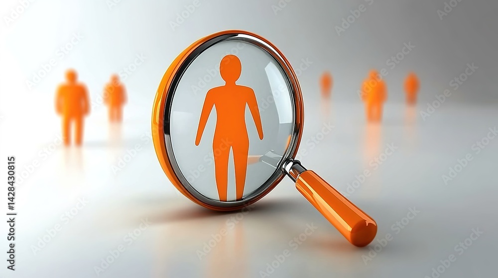 Close-up of an icon of a woman in a crowd of orange people being focused through a magnifying glass.