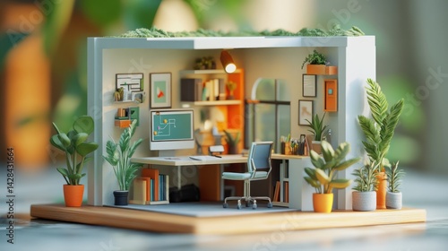Miniature stylized home office, meticulously detailed.