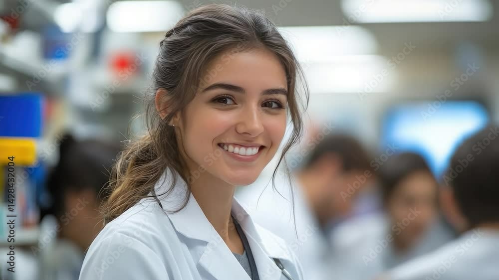 Smiling woman in lab coat happy scientist portrait Smiling woman in lab coat happy scientist portrait
