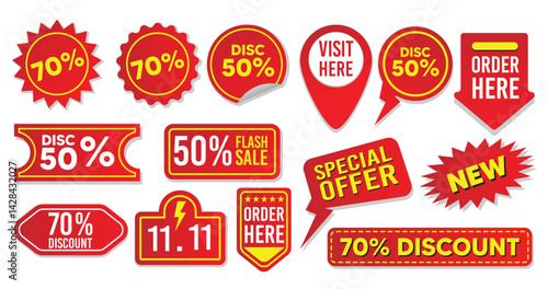 Set of colorful labels and stickers displaying discount percentages and promotional phrases for various sales. Ideal for commercial usage and advertisement designs.
