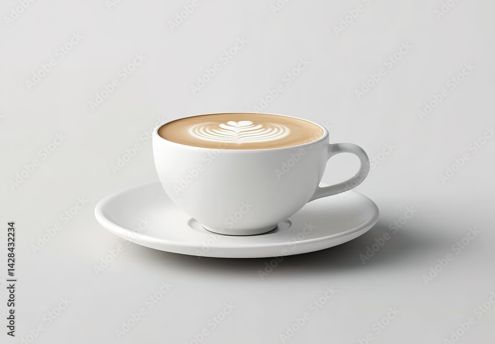 Fototapeta premium White Ceramic Coffee Cup on a pure white background, latte with floral design and matching cup and saucer.