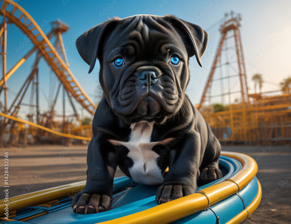 kleine Bulldogge in einem Achterbahn Wagen