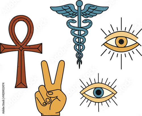 A collection of vector icons featuring mystical and symbolic elements the ankh, caduceus, peace sign (hand), and all-seeing eyes