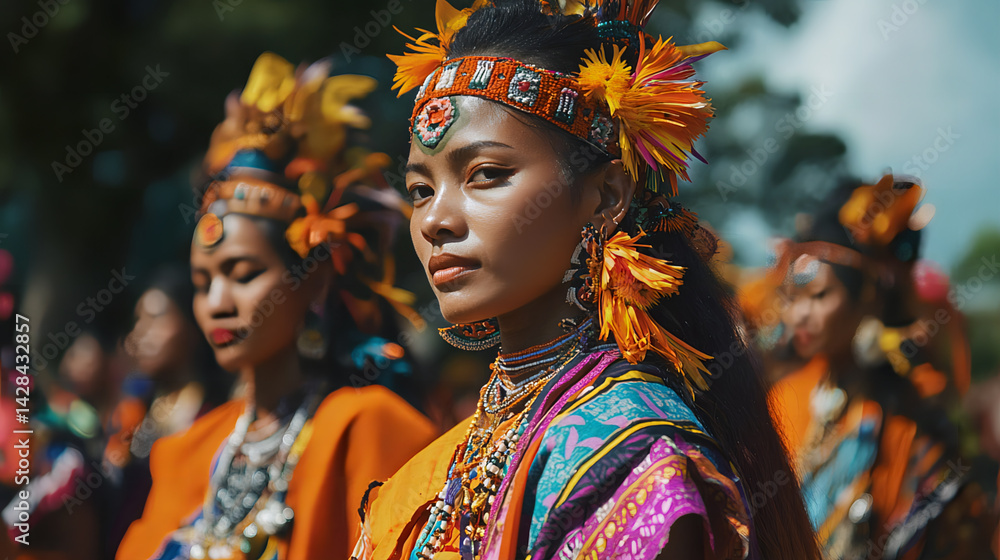 Fototapeta premium Atmosphere of Wangala Festival in Garo village, dancers wearing brightly colored traditional clothes with headbands and jewelry. AI generated images.