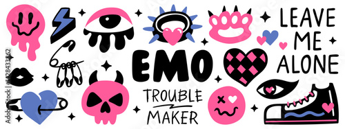 Cute hand-drawn colored emo stickers, tattoo art elements and phrases. Creepy love doodle concept set. Vector illustration.