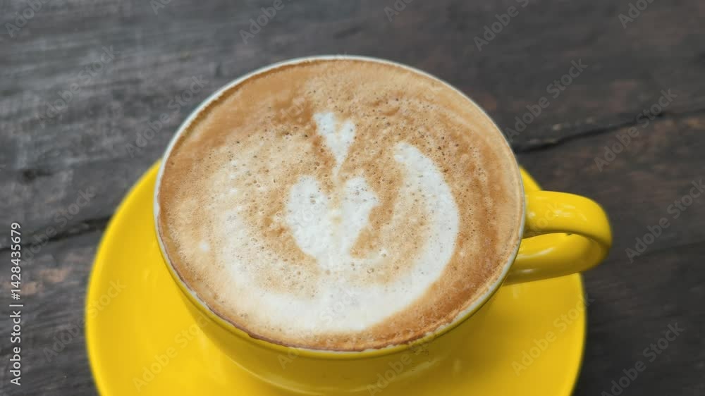 Frothy coffee heart atop bright dish