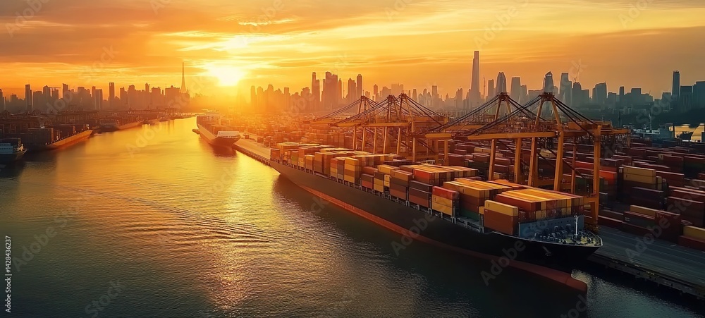 Fototapeta premium Container ports at sunset, with fully loaded cargo ships and cranes moored against the city skyline.