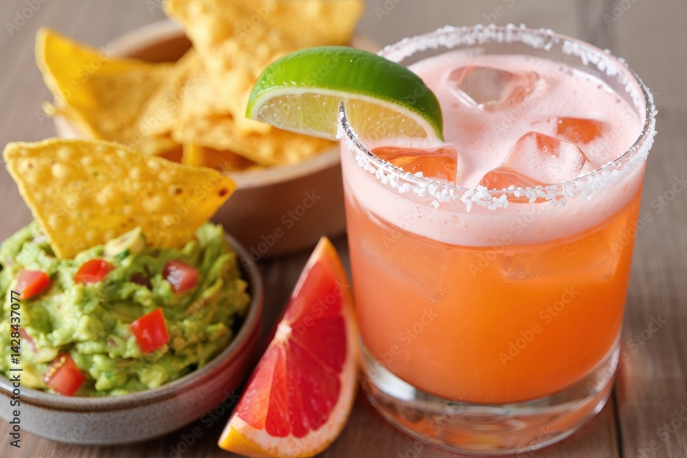 Spicy grapefruit margarita with chips and guacamole Spicy grapefruit margarita with chips and guacamole