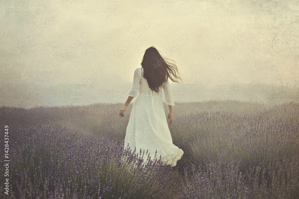 A woman in a white dress walks through a lavender field, enjoying the serenity of nature. A woman in a white dress walks through a lavender field, enjoying the serenity of nature.