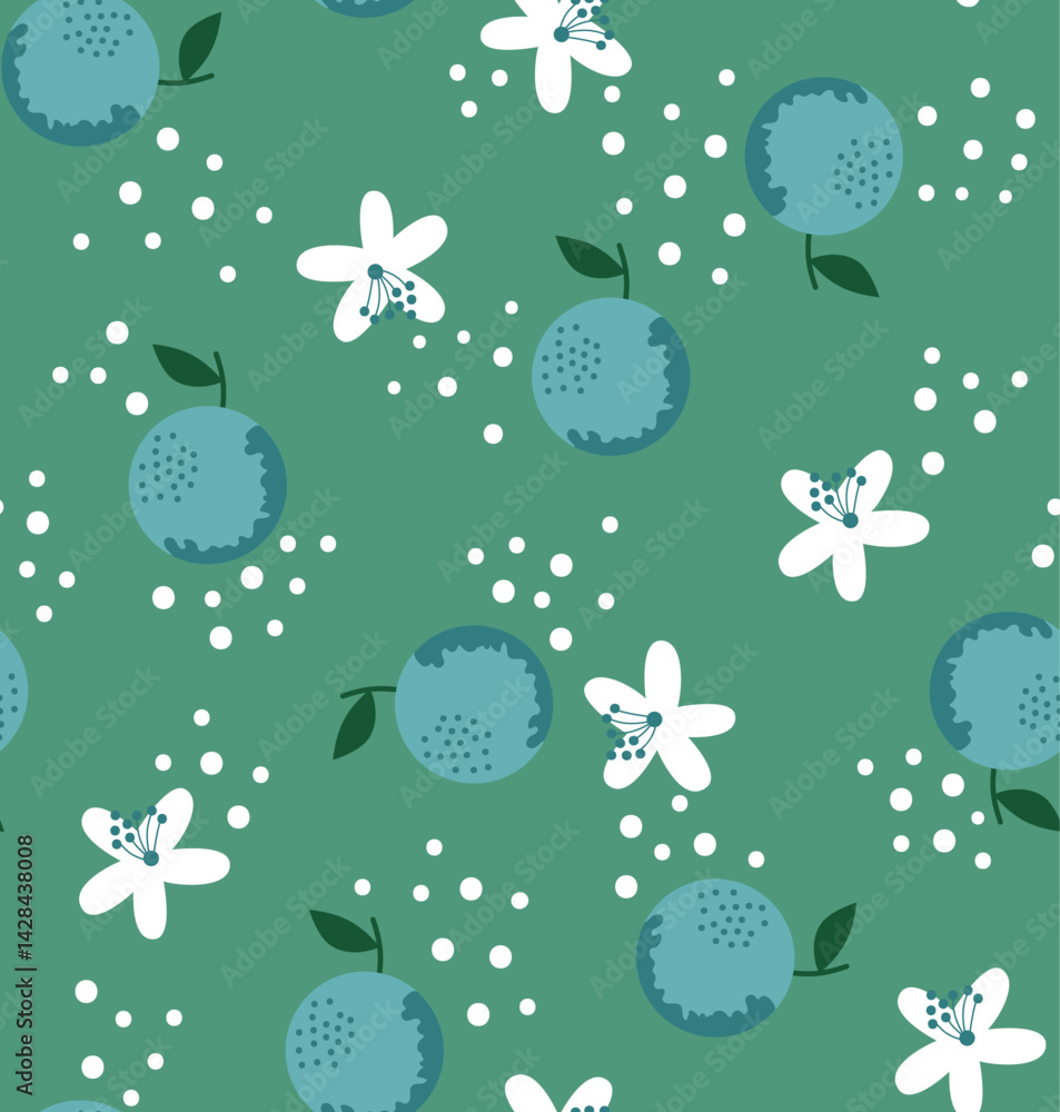 Fresh and vibrant seamless pattern featuring blueberries and white flowers on a green background. Ideal for fashion prints, accessories, and nature-inspired designs.
