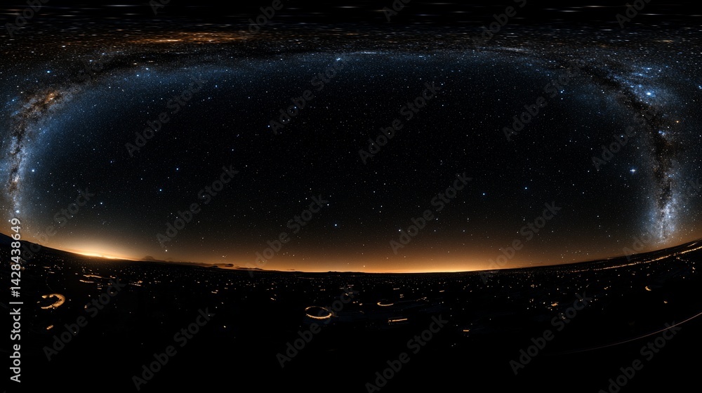 Obraz premium 360? night sky panorama with Milky Way and city lights.