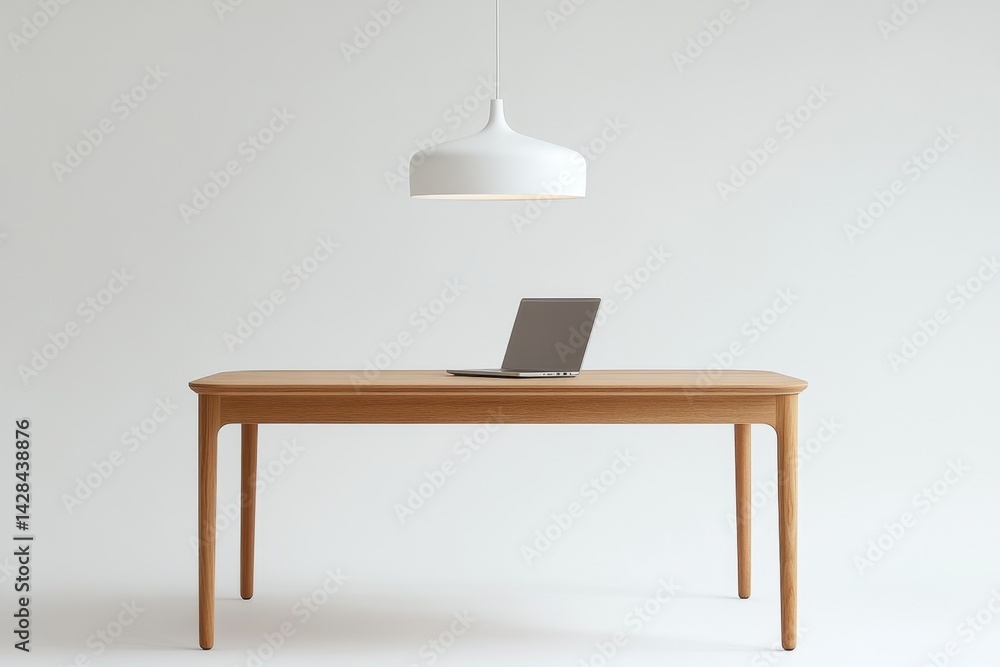 Modern minimalist wooden table with laptop and pendant light Modern minimalist wooden table with laptop and pendant light