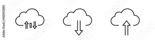 Vector illustration shows three cloud storage icons featuring upload, download, and synchronization arrows, ideal for technology, data management, and internet themes.