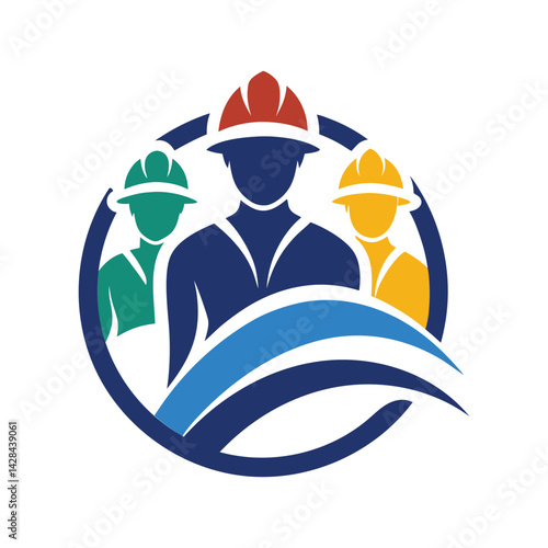 Stylized group of workers logo on white background vector illustration