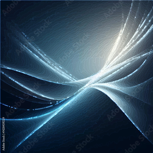 A soft, abstract background with smooth flowing gradients of dark blue and gray tones, intersected by a glowing white light background