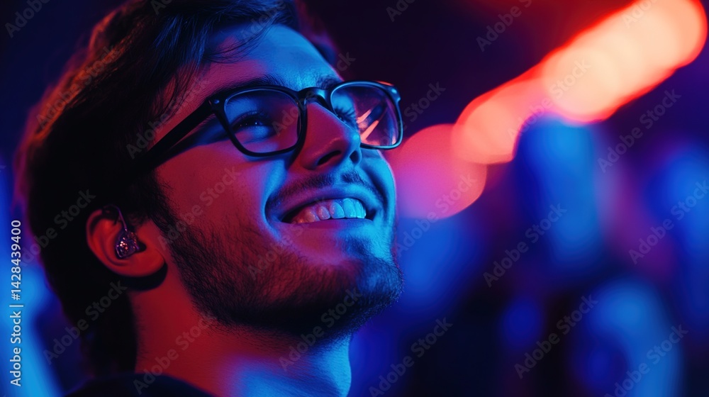 The bespectacled youth smiled in the crowd under the red and blue lights. The bespectacled youth smiled in the crowd under the red and blue lights.