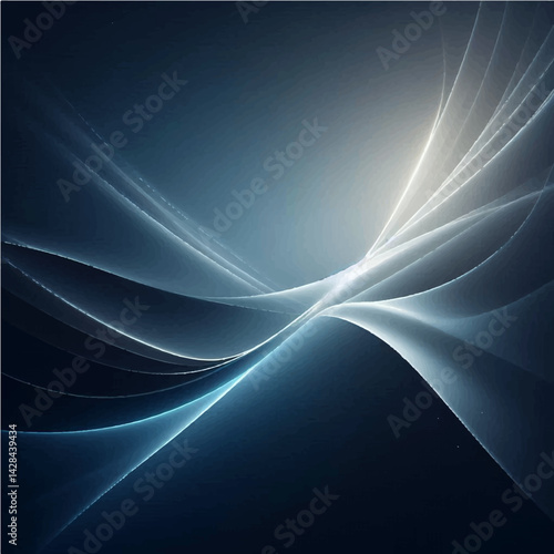 A soft, abstract background with smooth flowing gradients of dark blue and gray tones, intersected by a glowing white light background