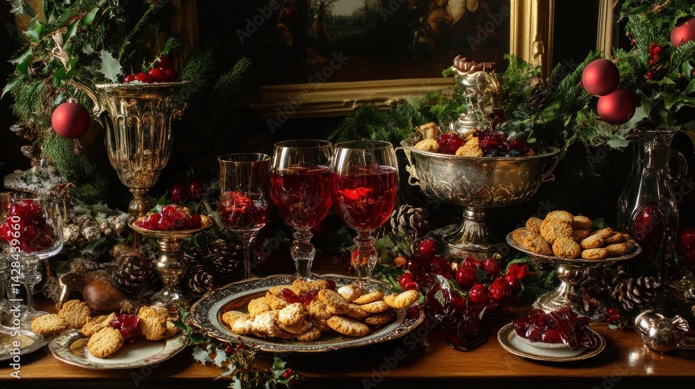 Festive Christmas table setting with elegant d?cor, drinks, and cookies Festive Christmas table setting with elegant d?cor, drinks, and cookies