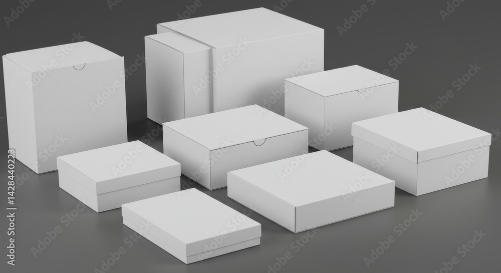 Blank white cardboard boxes of various sizes in a studio setting. Different sizes and shapes of empty packaging are arranged in a slightly overlapping layout against a dark gray backdrop. Blank white cardboard boxes of various sizes in a studio setting. Different sizes and shapes of empty packaging are arranged in a slightly overlapping layout against a dark gray backdrop.