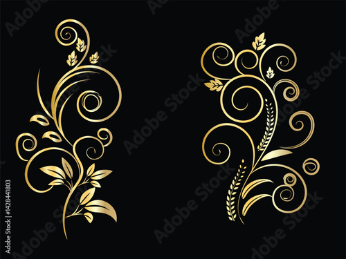 Elegant Golden Floral Ornaments on Black Background