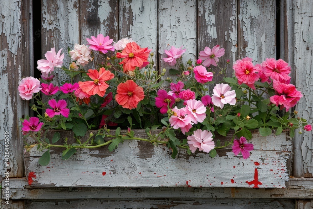 Fototapeta premium A vibrant arrangement of pink and coral flowers in a rustic wooden window box, contrasting beautifully against the weathered backdrop.