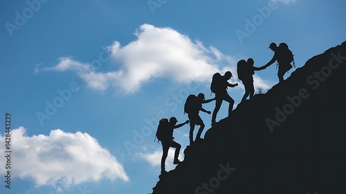 A group of people are climbing together on a mountain towards the sky