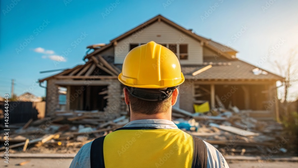 A construction worker stands with his back to the camera, observing the extensively damaged residential building. Debris is scattered around, highlighting the aftermath of a severe storm