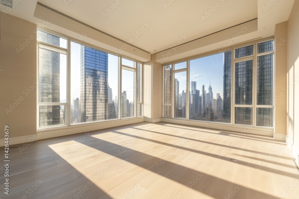 Obraz premium Empty, modern, high-rise apartment with panoramic city views