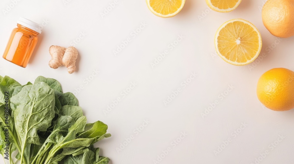 Rejuvenation Through Detox and Nutrient-Rich Wellness Choices, Fresh greens, ginger, and citrus fruits arranged on a light surface for a healthy lifestyle concept.