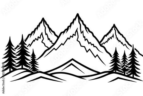 Majestic Mountains: A striking, stylized illustration of snow-capped peaks towering over evergreen trees, evokes a sense of grandeur and the raw beauty of the wilderness.