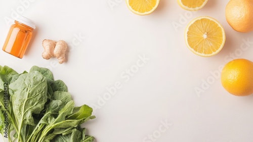 Rejuvenation Through Detox and Nutrient-Rich Wellness Choices, Fresh greens, ginger, and citrus fruits arranged on a light surface for a healthy lifestyle concept.