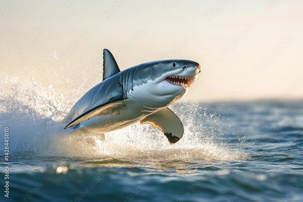 Fototapeta premium A great white shark breaches the ocean surface, creating a splash of water in the golden sunlight.