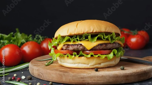 Classic Cheeseburger with Lettuce and Tomato on a Wooden Board