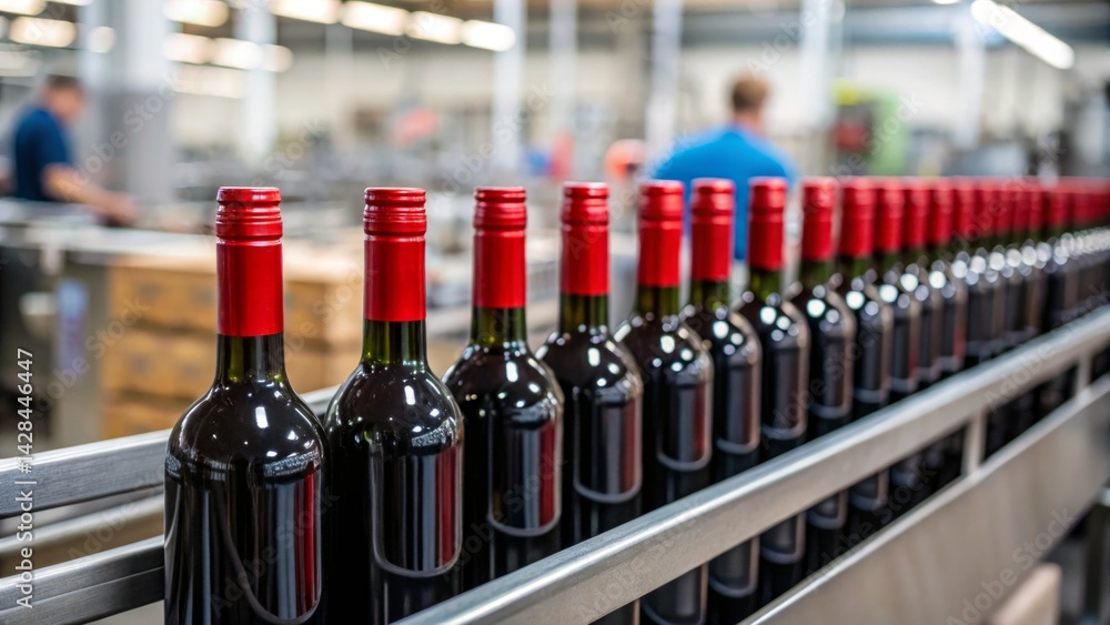 In a winery, red wine bottles are positioned neatly on a conveyor belt. Workers can be seen in the background, busy with production tasks during the afternoon