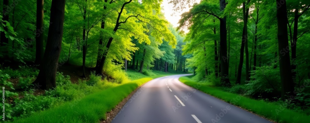 Obraz premium Serene rural scene with winding road passing through dense woods, no cars in sight, road, scenic