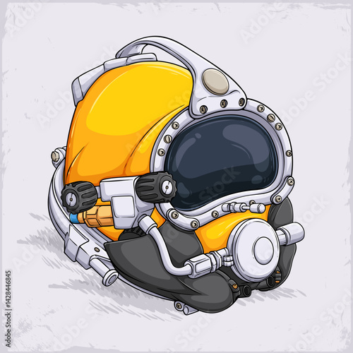Hand drawn equipped yellow underwater diving helmet with breathing gas supply. rigid head enclosure equipment for professional divers