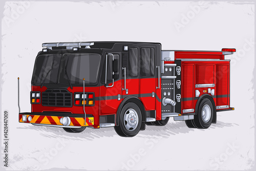 Hand drawn equipped red fire truck for firefighting, emergency service vehicle fire engine used to put out fire