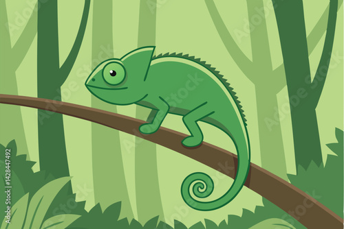 Cartoon Chameleon on Branch Vibrant Jungle Illustration