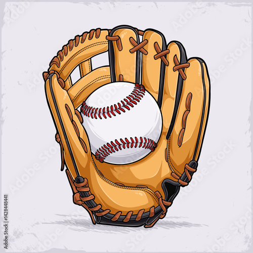 Hand drawn professional beige leather baseball glove with white and red stitched baseball ball on it isolated on white background
