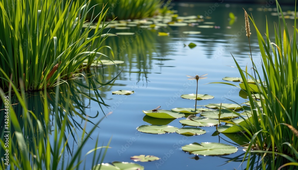 Fototapeta premium Dragonfly action on lily pads in tranquil pond nature photography serene environment close-up view
