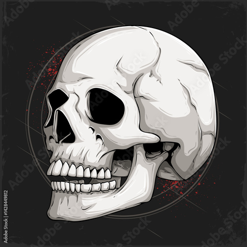 Hand drawn human skull with teeth, smiling side faced human head bones isolated on black background