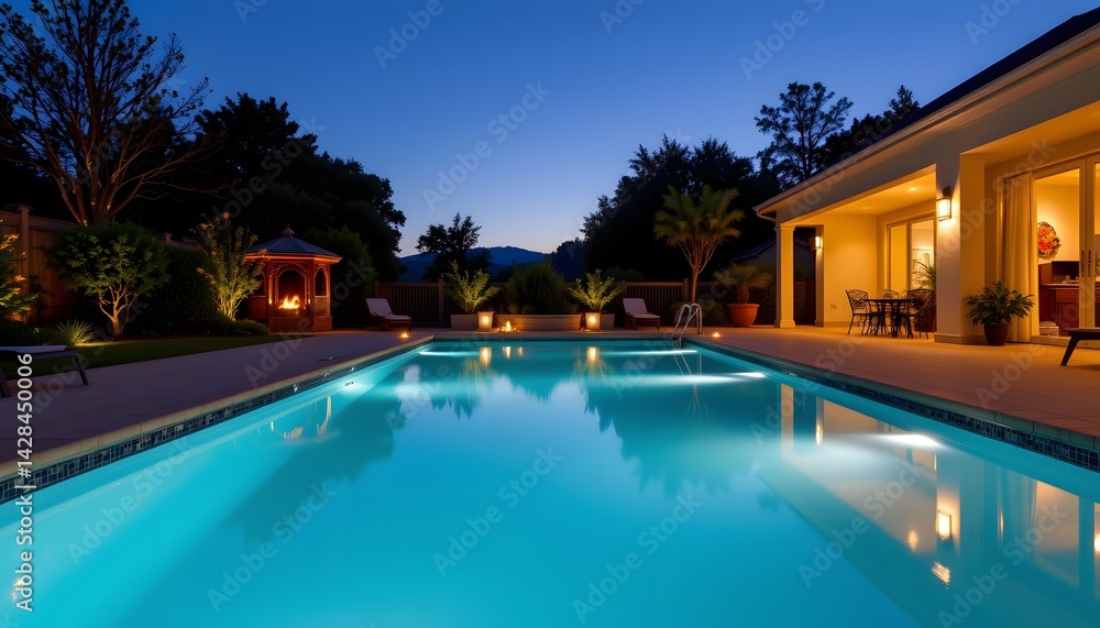 Obraz premium Evening poolside relaxation residential backyard photography tranquil environment wide angle serenity