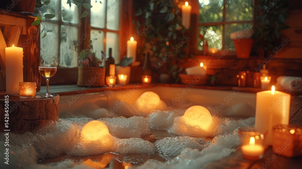 Relaxation unfolds in a warm, candle-lit spa as bubbles float around, creating a peaceful ambiance, complemented by soft lighting and a glass of wine Relaxation unfolds in a warm, candle-lit spa as bubbles float around, creating a peaceful ambiance, complemented by soft lighting and a glass of wine