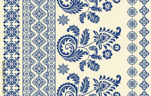 Printfloral pattern vintage ethnic modern embroidery texture boho design vector illustration hand drawn pink flower motif branches leaves wallpaper seamless background border.