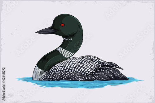 Hand drawn cute big duck red eyed loon swimming in water, common diver bird floating on a lake water isolated on white background