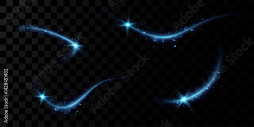 Realistic set of blue vector illustrations of comet magic light tail with glitter and overlay effect. Meteor shimmering with shining ray of glitter.