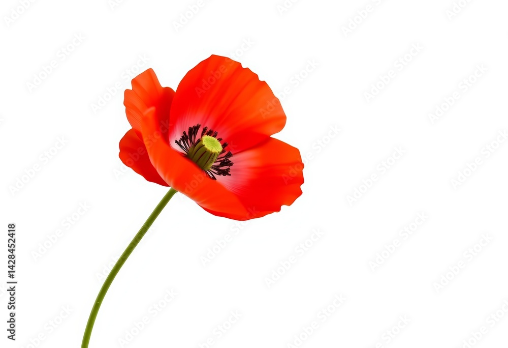 Obraz premium Single vibrant red poppy flower, isolated on pure white background, detail, opium poppy