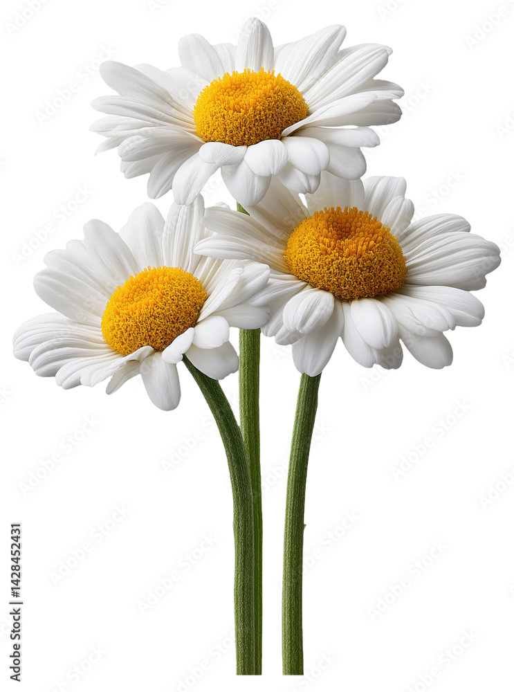 Fototapeta premium Three vibrant white daisies with bright yellow centers and green stems.