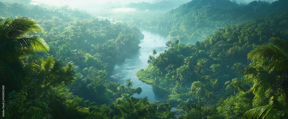 Lush Jungle Landscape with Winding River Under a Hazy Sky Creates Serene Beauty Lush Jungle Landscape with Winding River Under a Hazy Sky Creates Serene Beauty